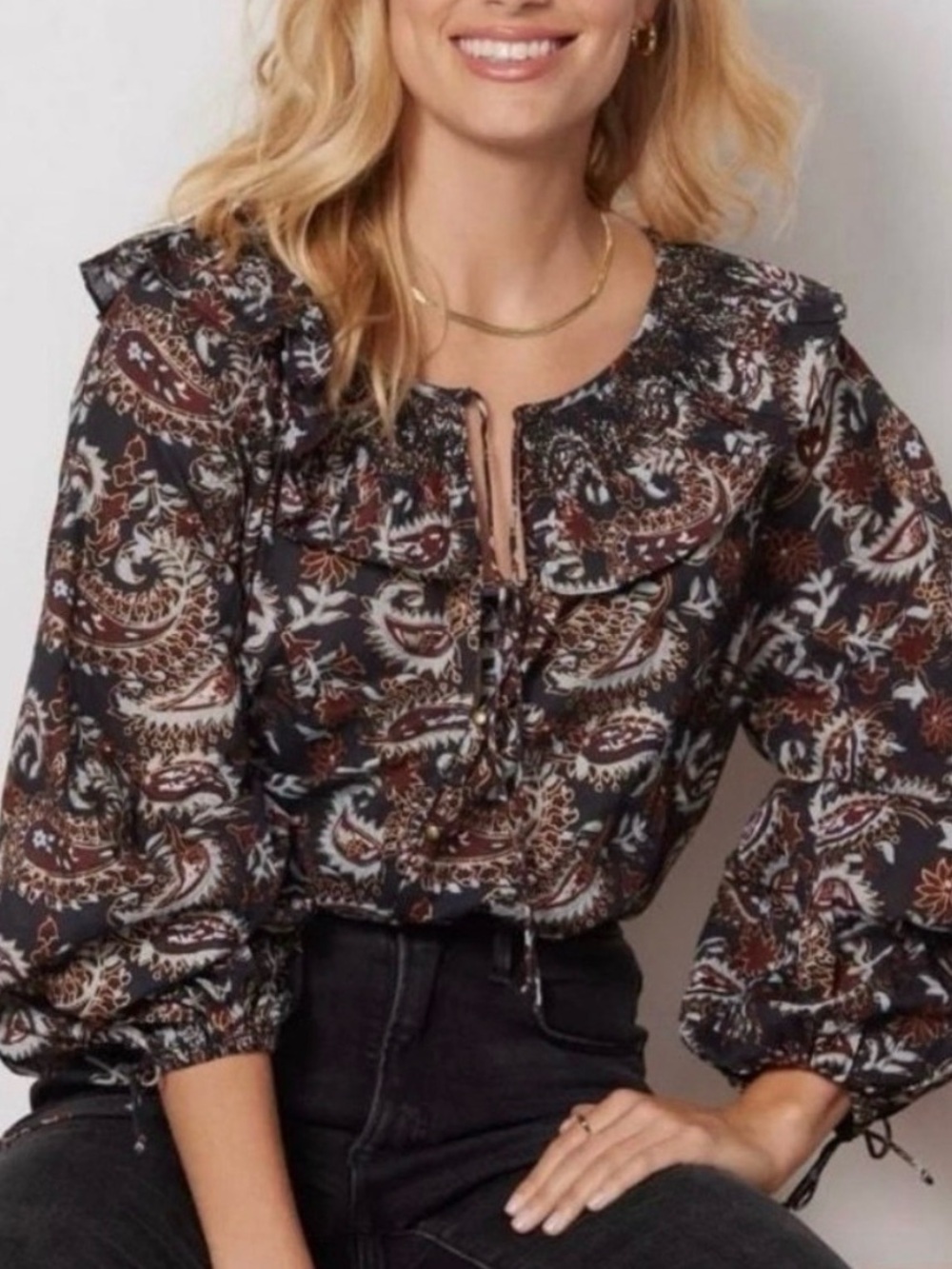 Cleobella Paisley Button-Front Blouse Peter Pan Collar Blouse Navy Maroon Gold L